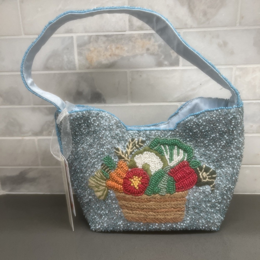 NEW-Handcrafted In India Beaded Veggie Basket Shoulder Bag Blue
